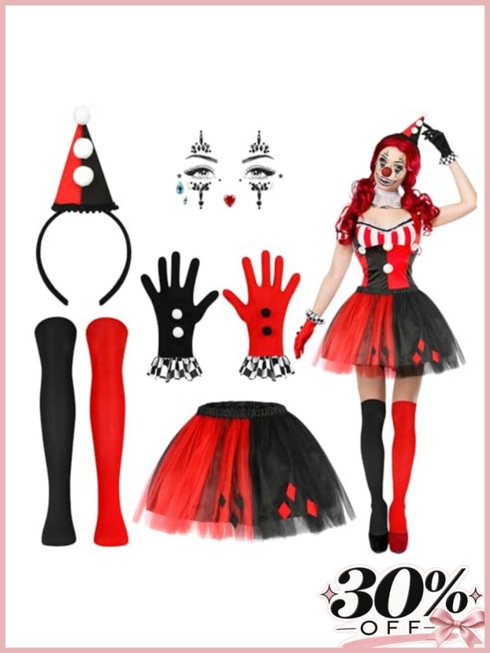 Halloween Clown Costume Accessory Set Tutu Skirt Gloves Socks Headband